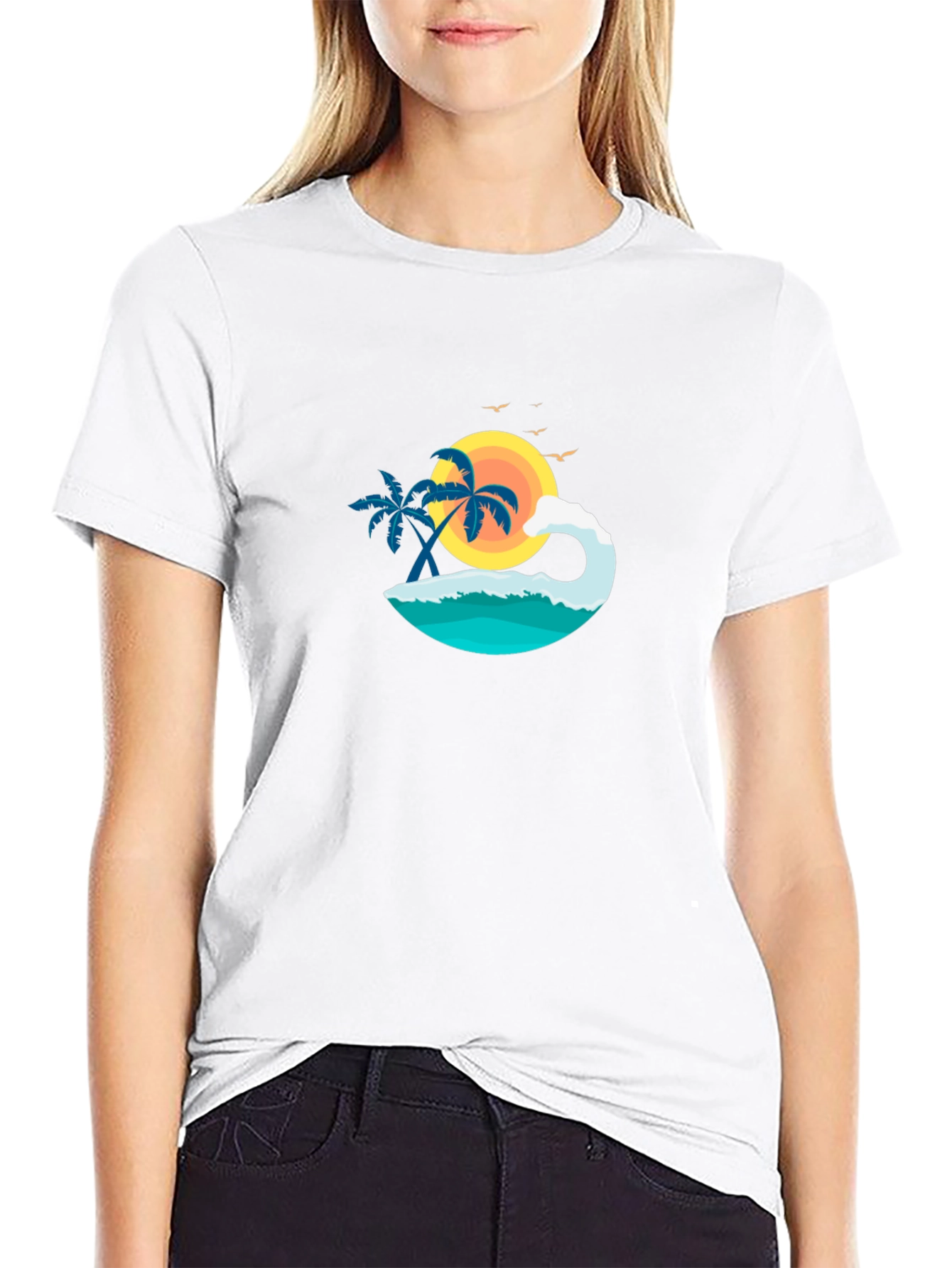 Tropical Beach Scene Graphic Black T-Shirt
