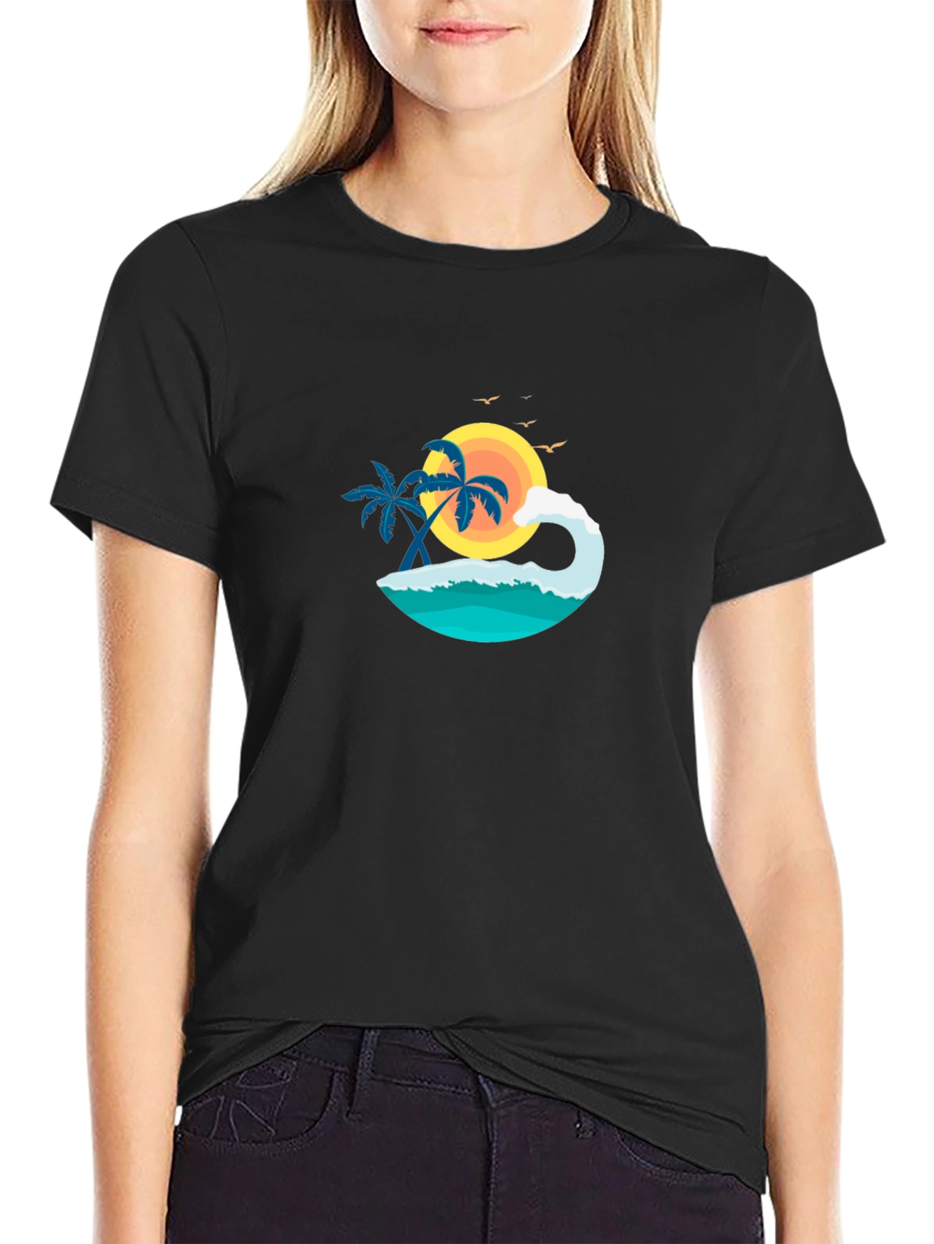 Tropical Beach Scene Graphic Black T-Shirt