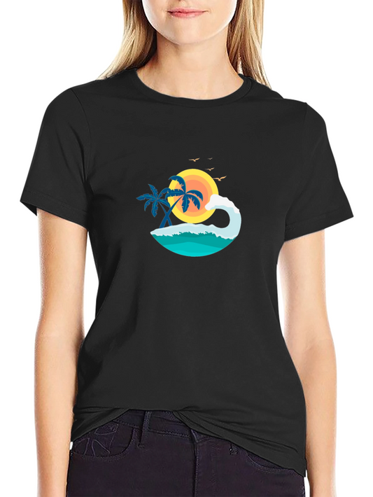 Tropical Beach Scene Graphic Black T-Shirt