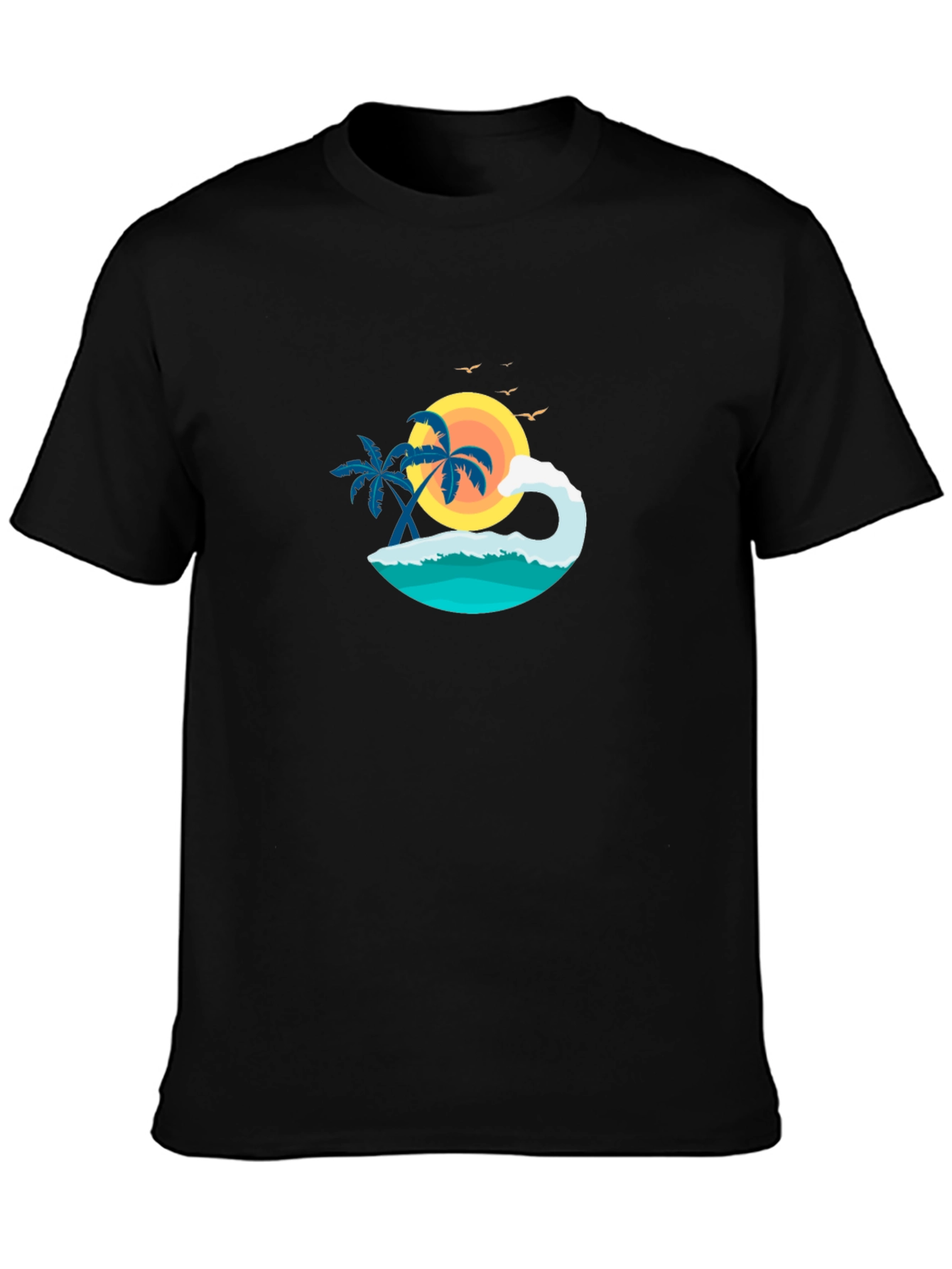 Tropical Beach Scene Graphic Black T-Shirt
