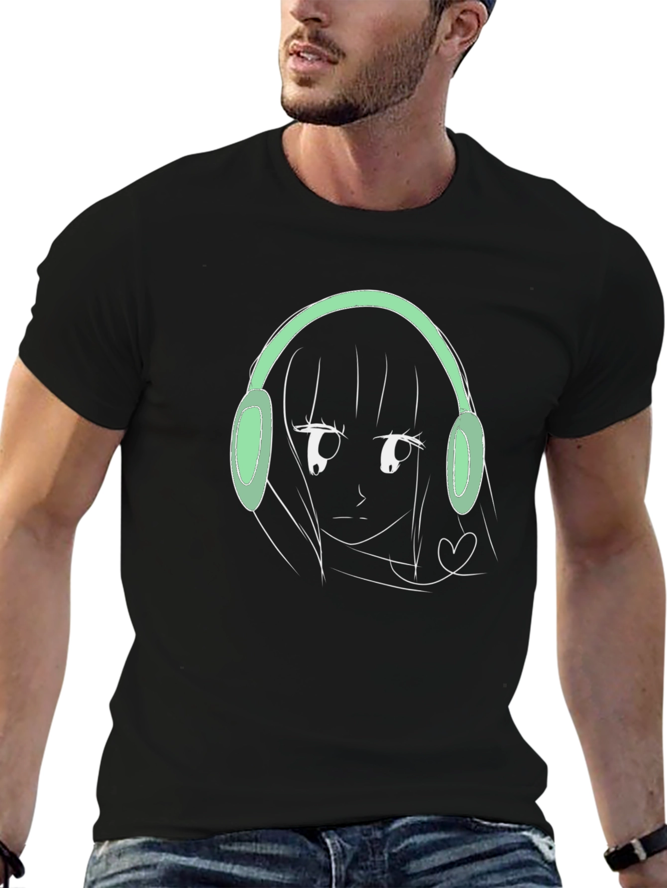 Anime Girl Headphones Graphic T-Shirt - Trendy Streetwear