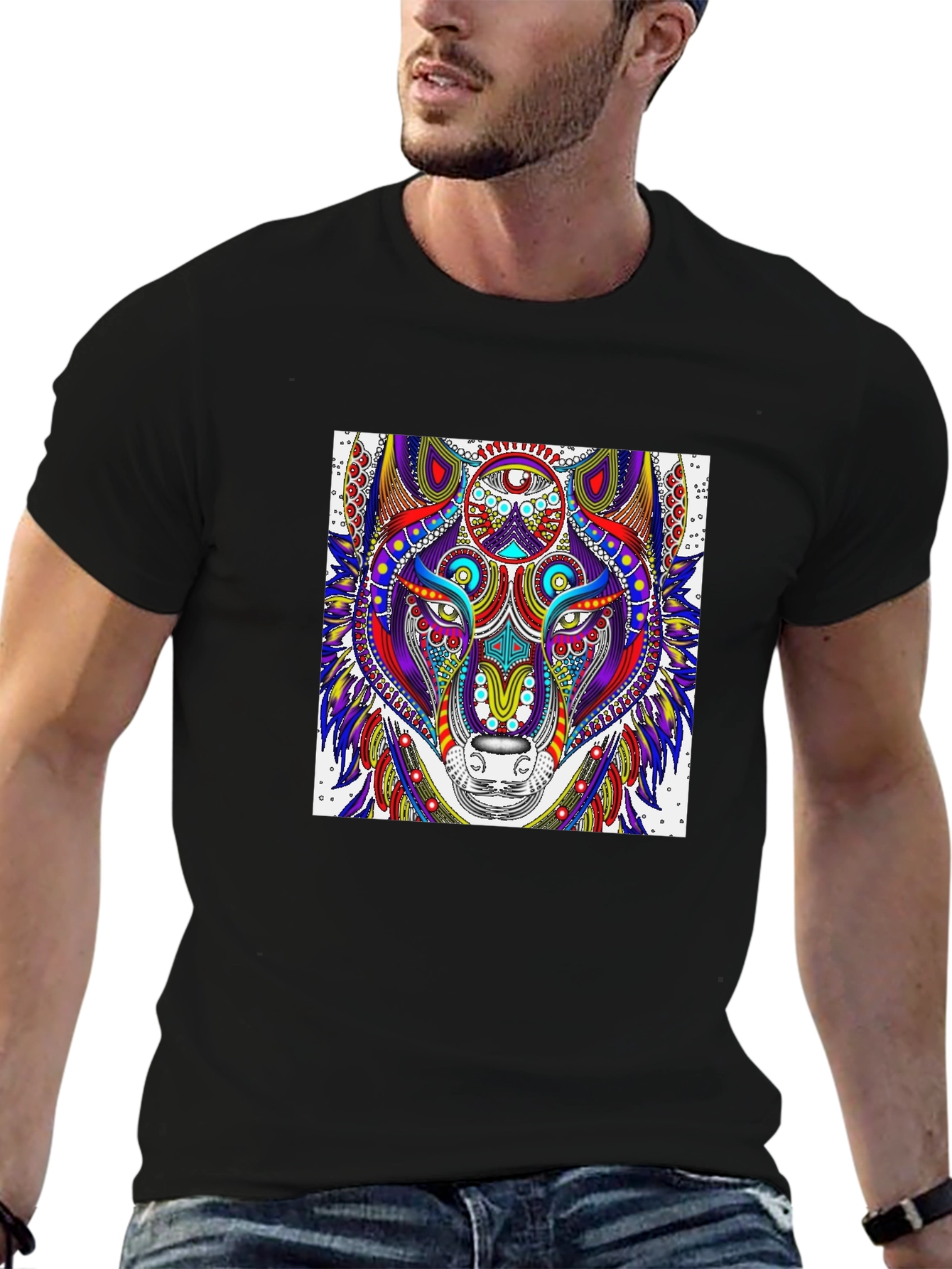 Wolf Art Black T-Shirt - Psychedelic Animal Design