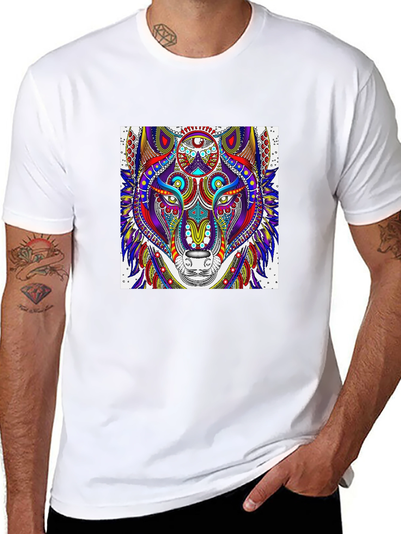 Wolf Art Black T-Shirt - Psychedelic Animal Design