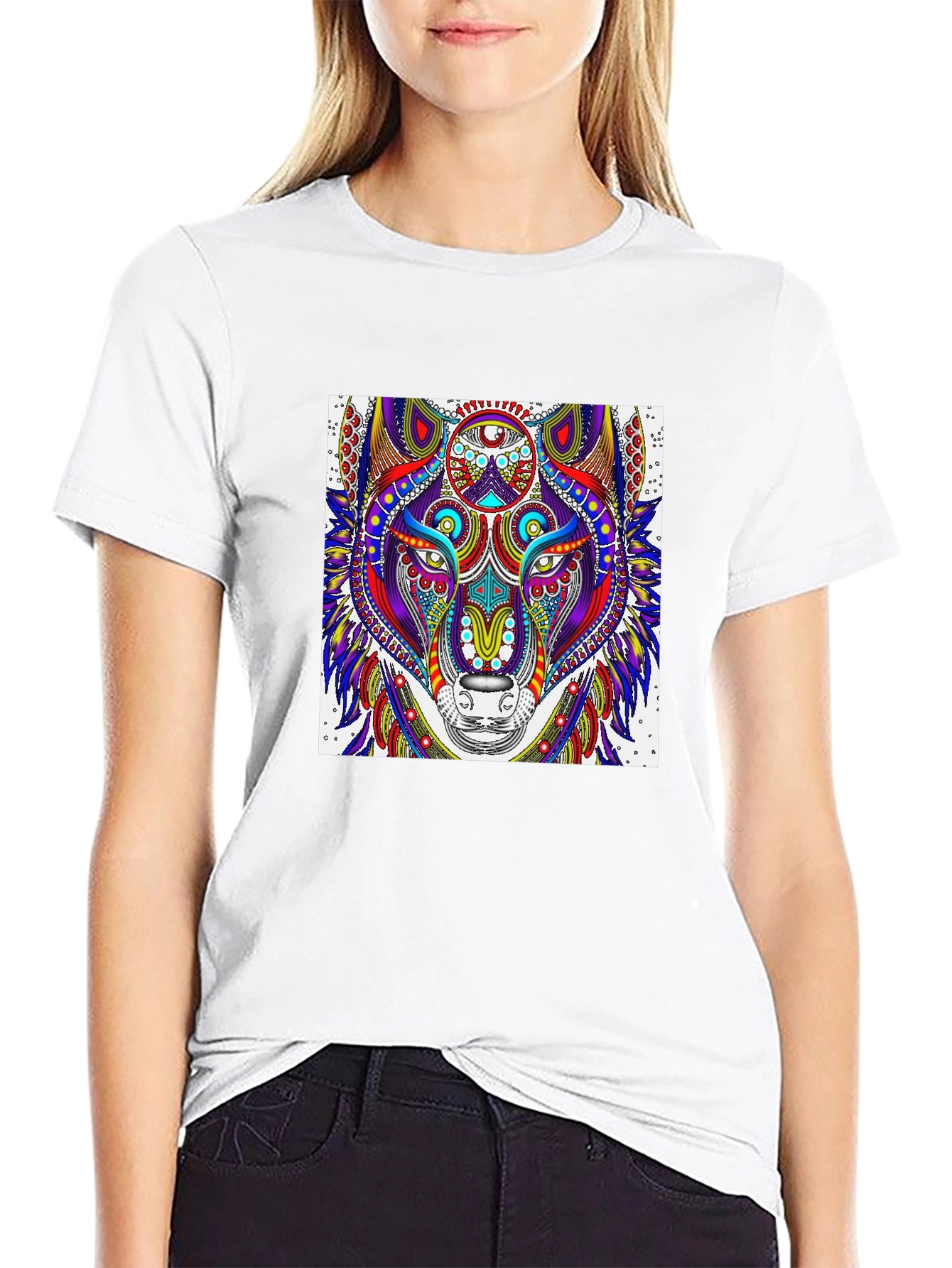 Wolf Art Black T-Shirt - Psychedelic Animal Design