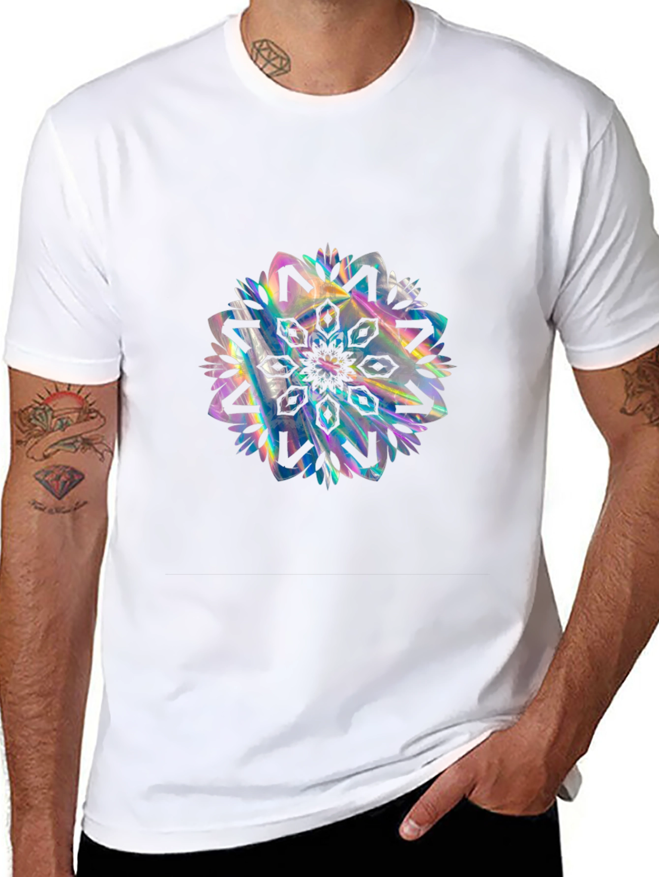 Black Tee with Holographic Mandala Design