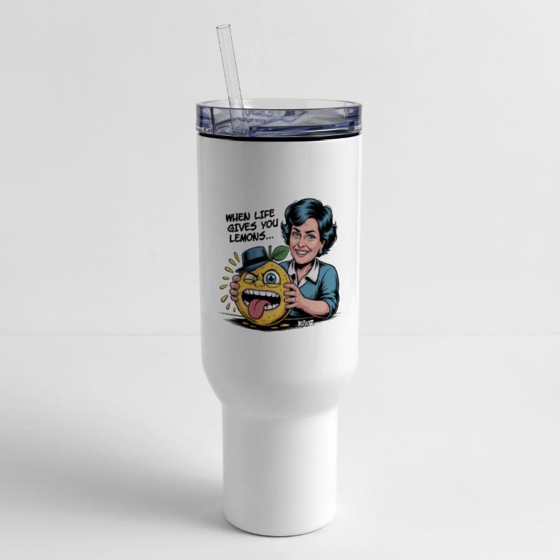 Smiling woman holding sour lemon cartoon face