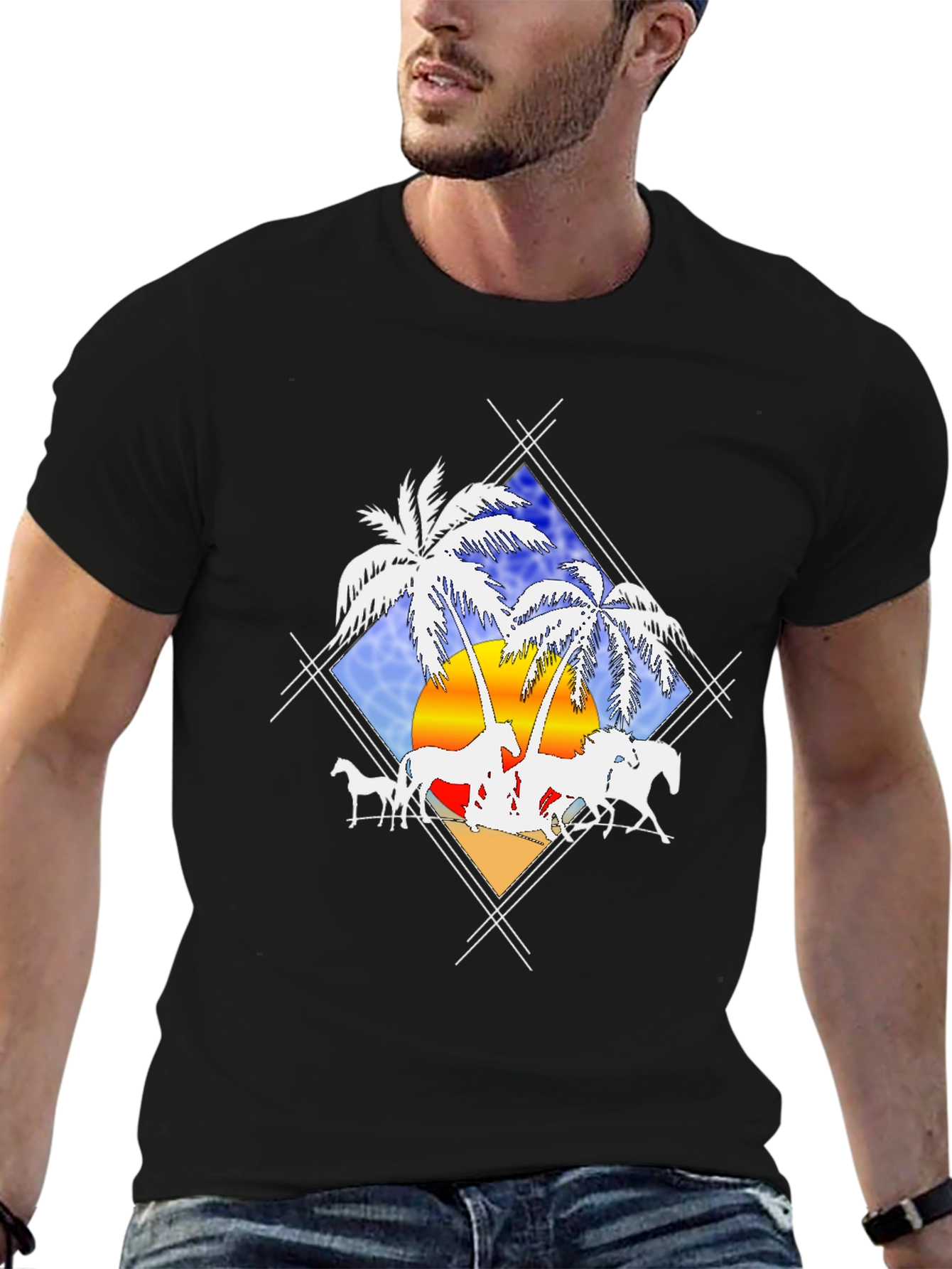Tropical Horses Black T-Shirt