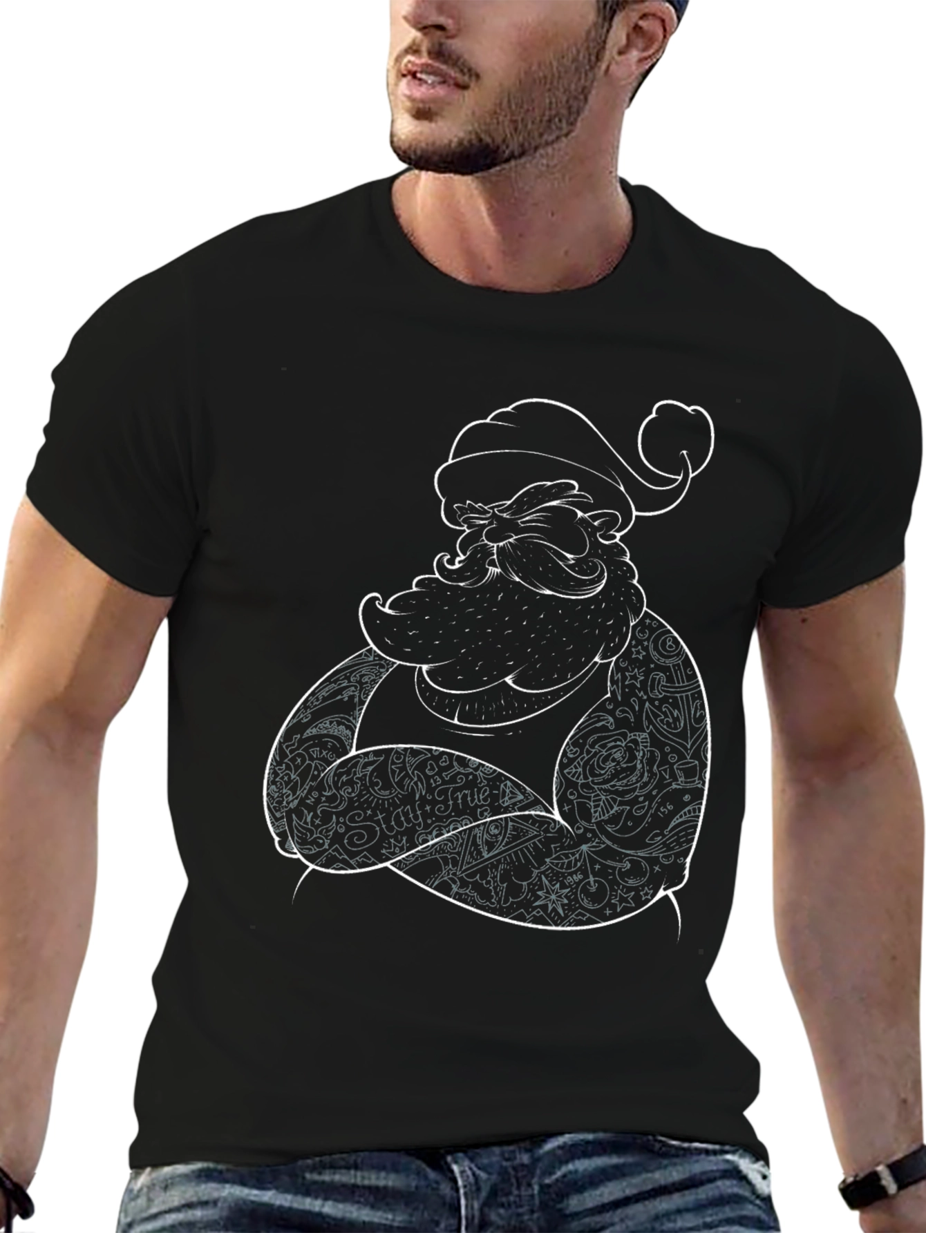 Tattooed Santa Graphic Tee - Black Cotton Shirt