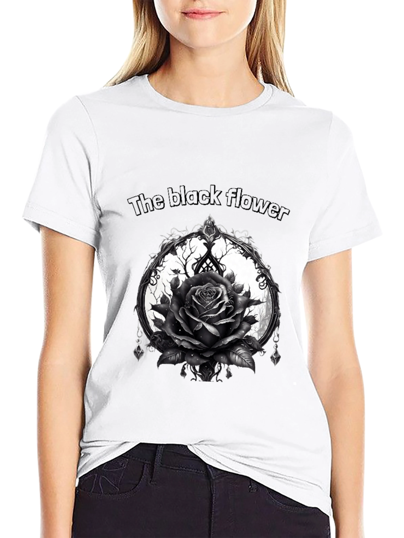 The Black Flower Graphic Tee - Gothic Rose Design