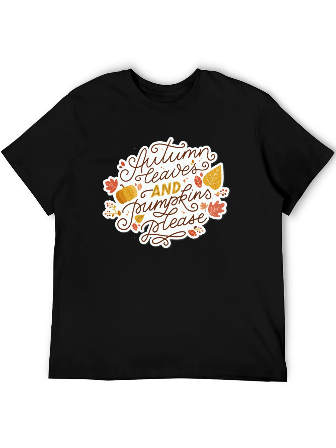 Autumn Leaves & Pumpkins Please Black T-Shirt