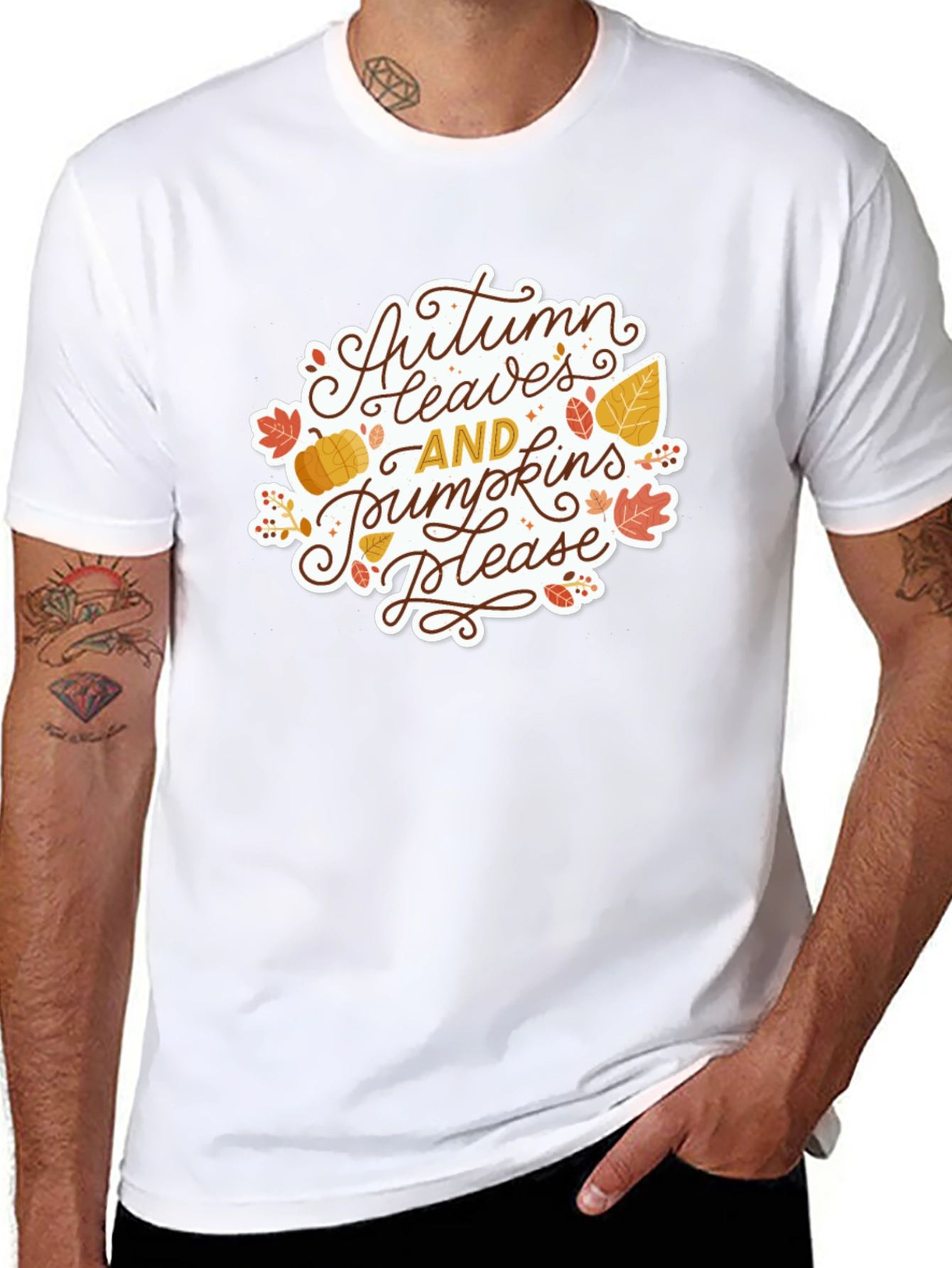 Autumn Leaves & Pumpkins Please Black T-Shirt