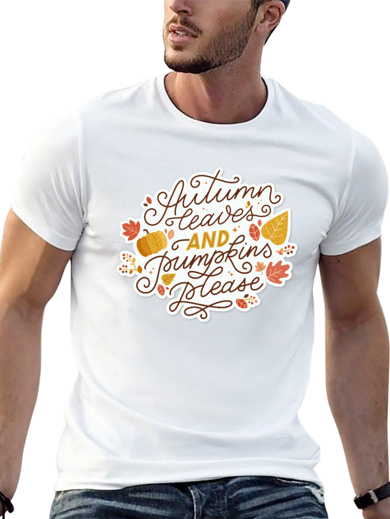 Autumn Leaves & Pumpkins Please Black T-Shirt