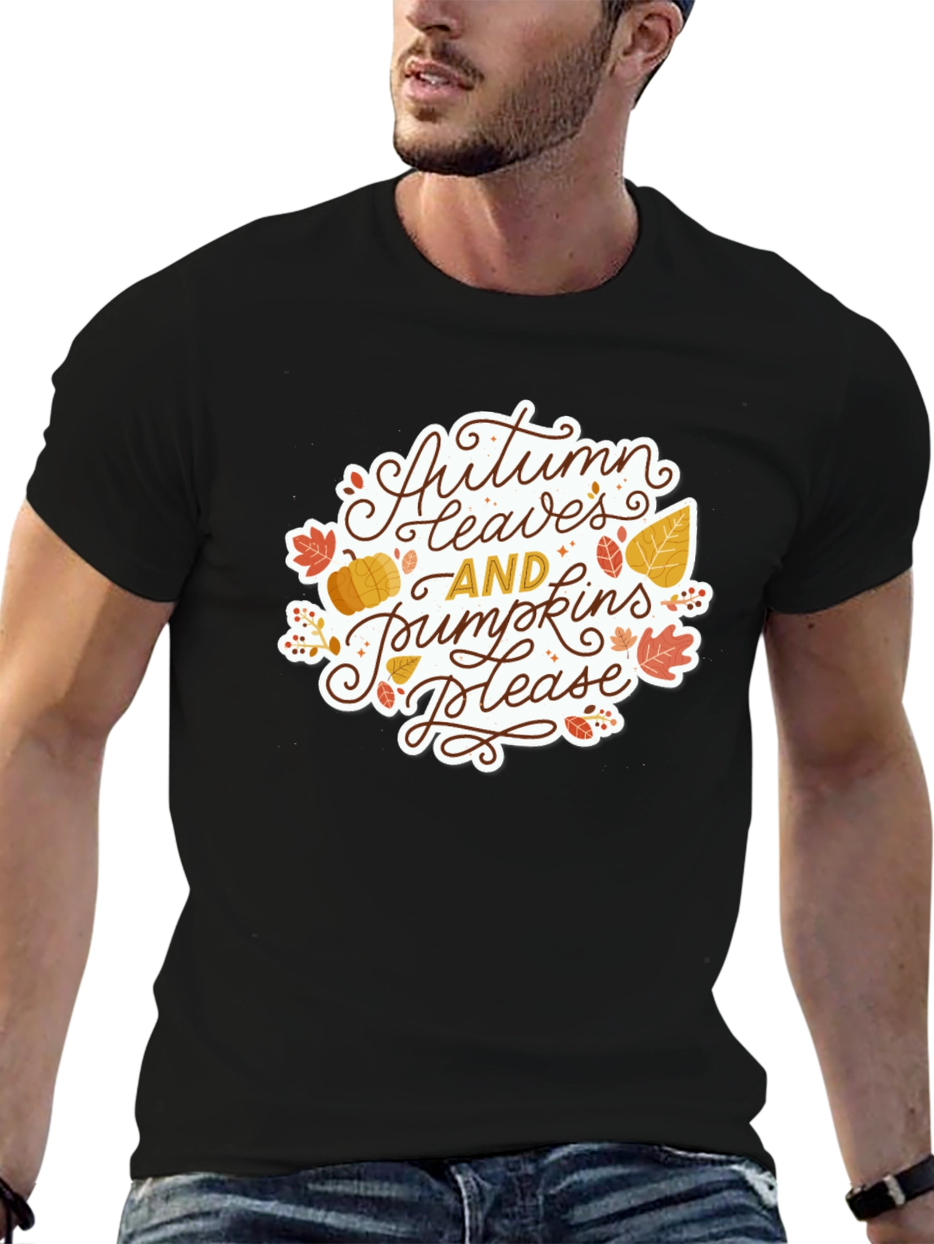 Autumn Leaves & Pumpkins Please Black T-Shirt