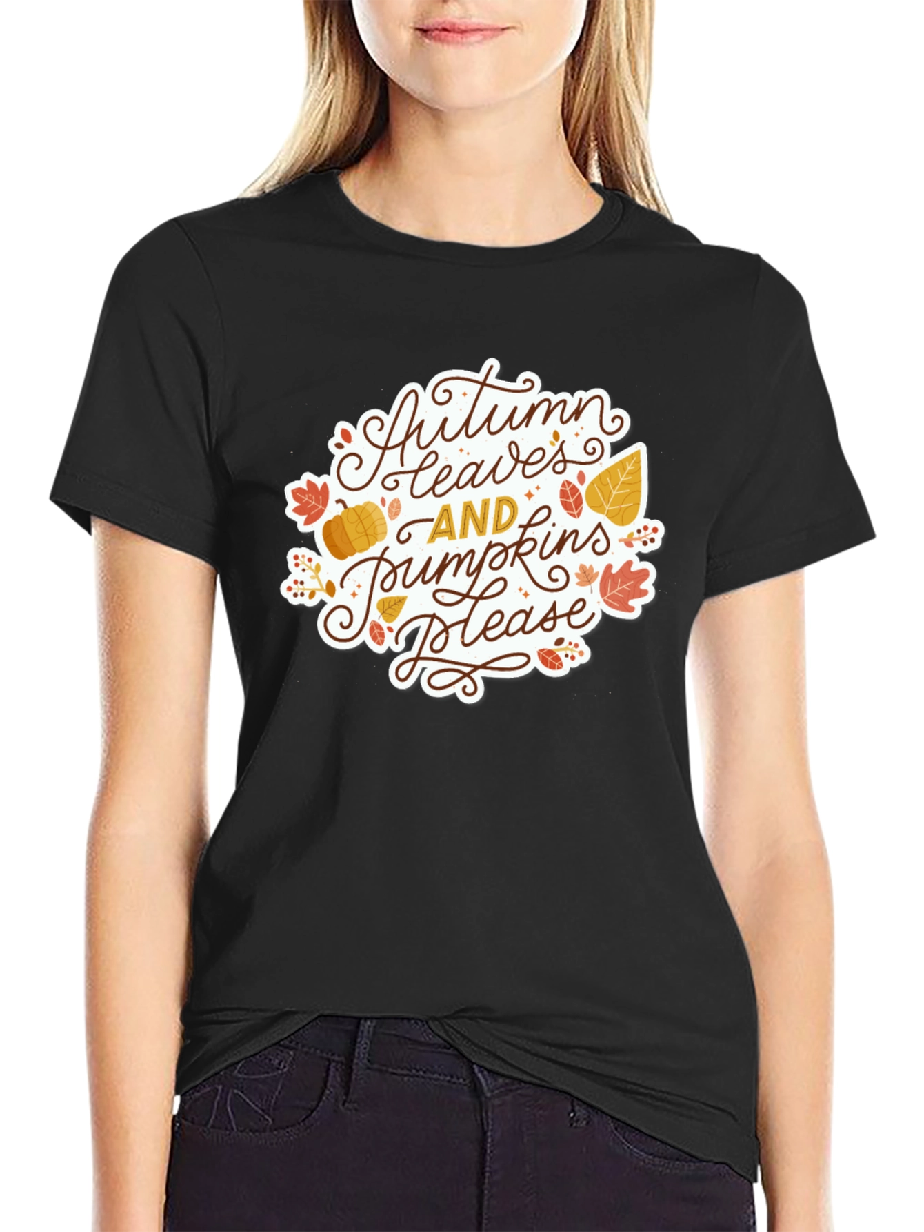 Autumn Leaves & Pumpkins Please Black T-Shirt