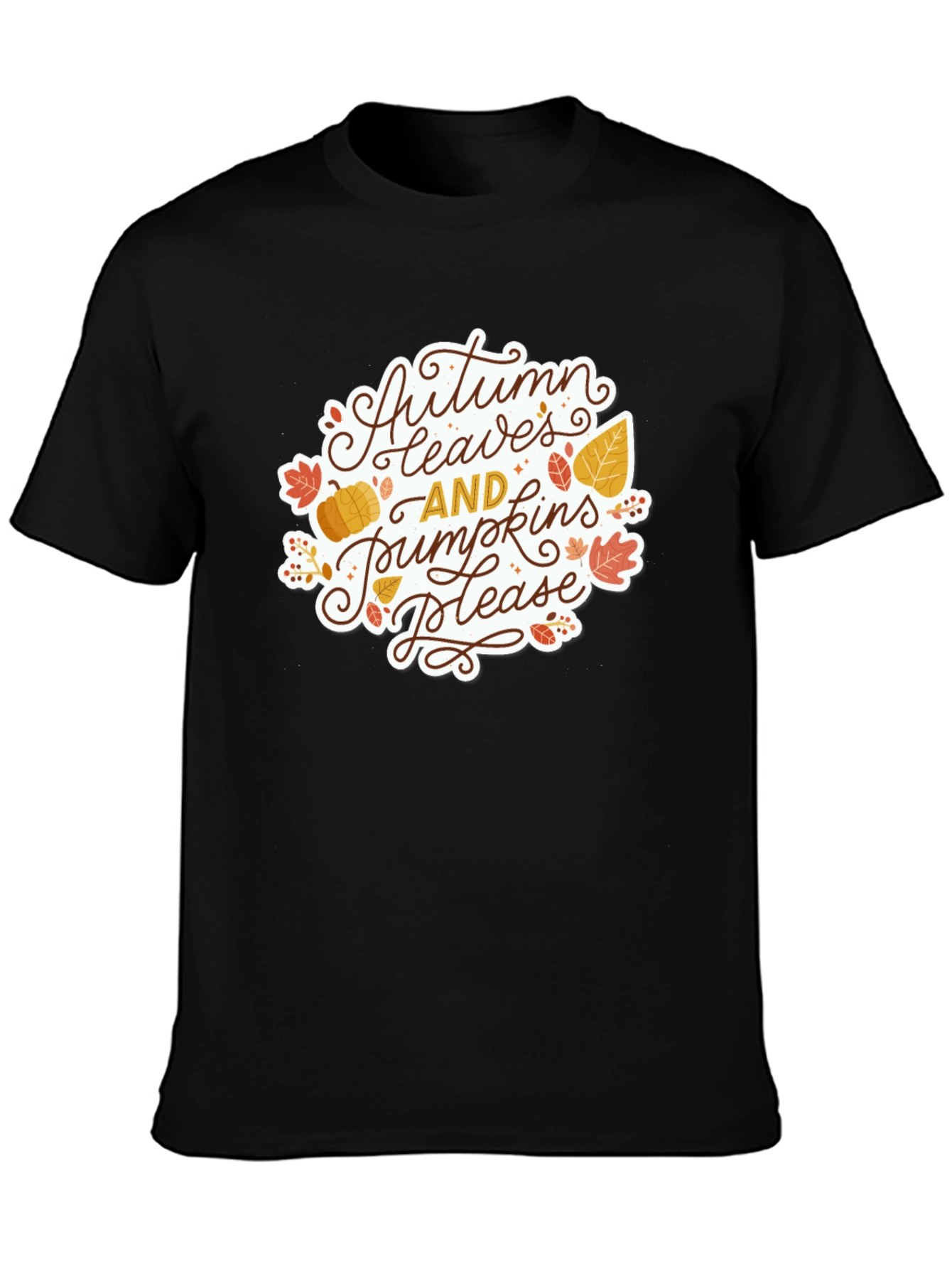 Autumn Leaves & Pumpkins Please Black T-Shirt