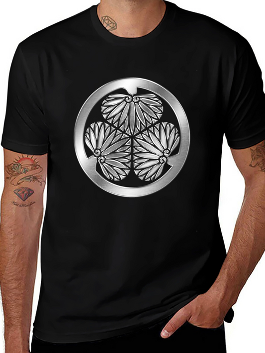 Black T-Shirt with Silver Japanese Crest Graphic