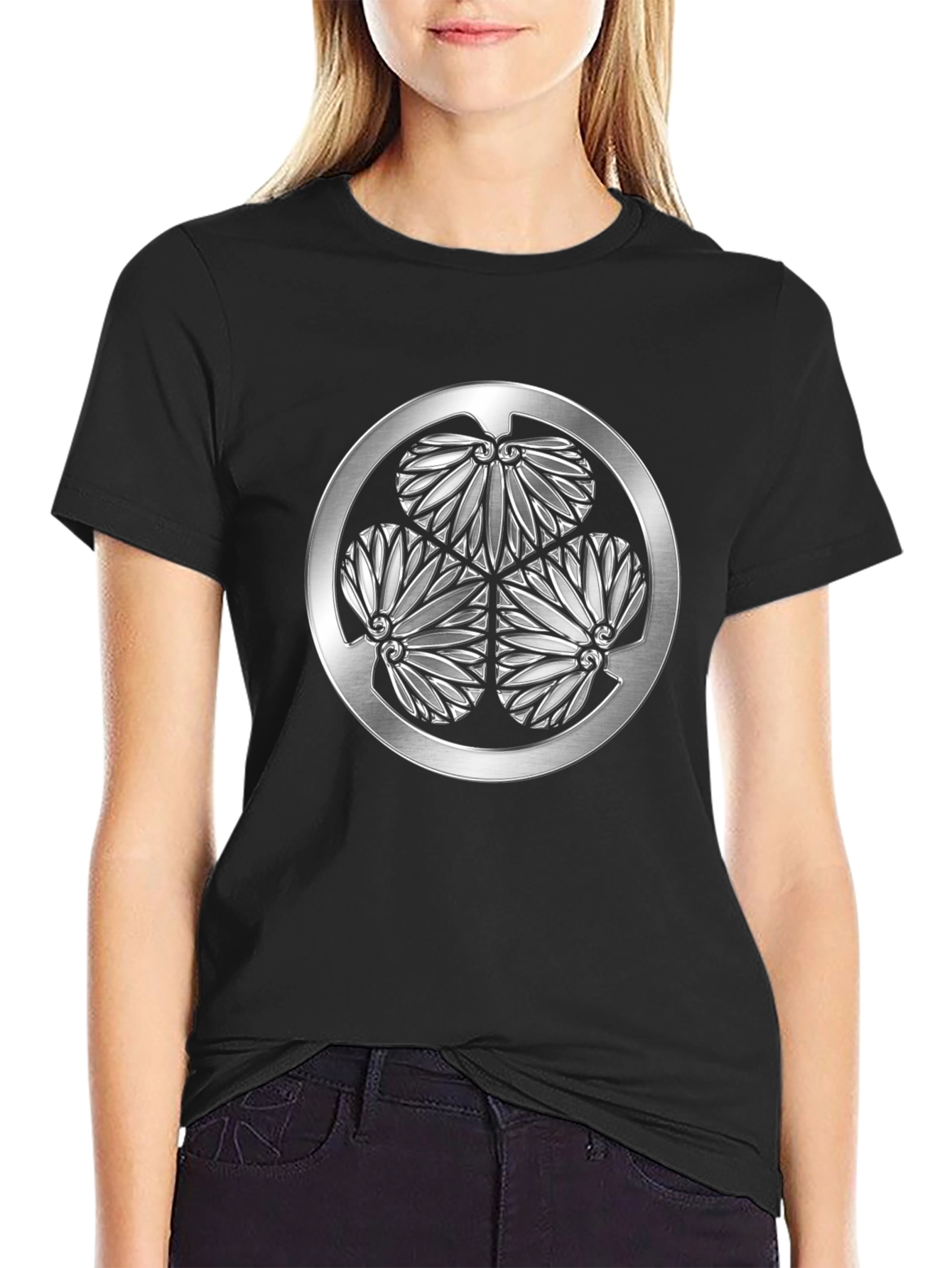 Black T-Shirt with Silver Japanese Crest Graphic