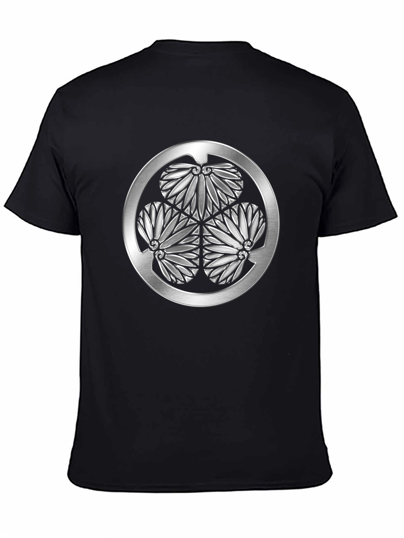 Black T-Shirt with Silver Japanese Crest Graphic
