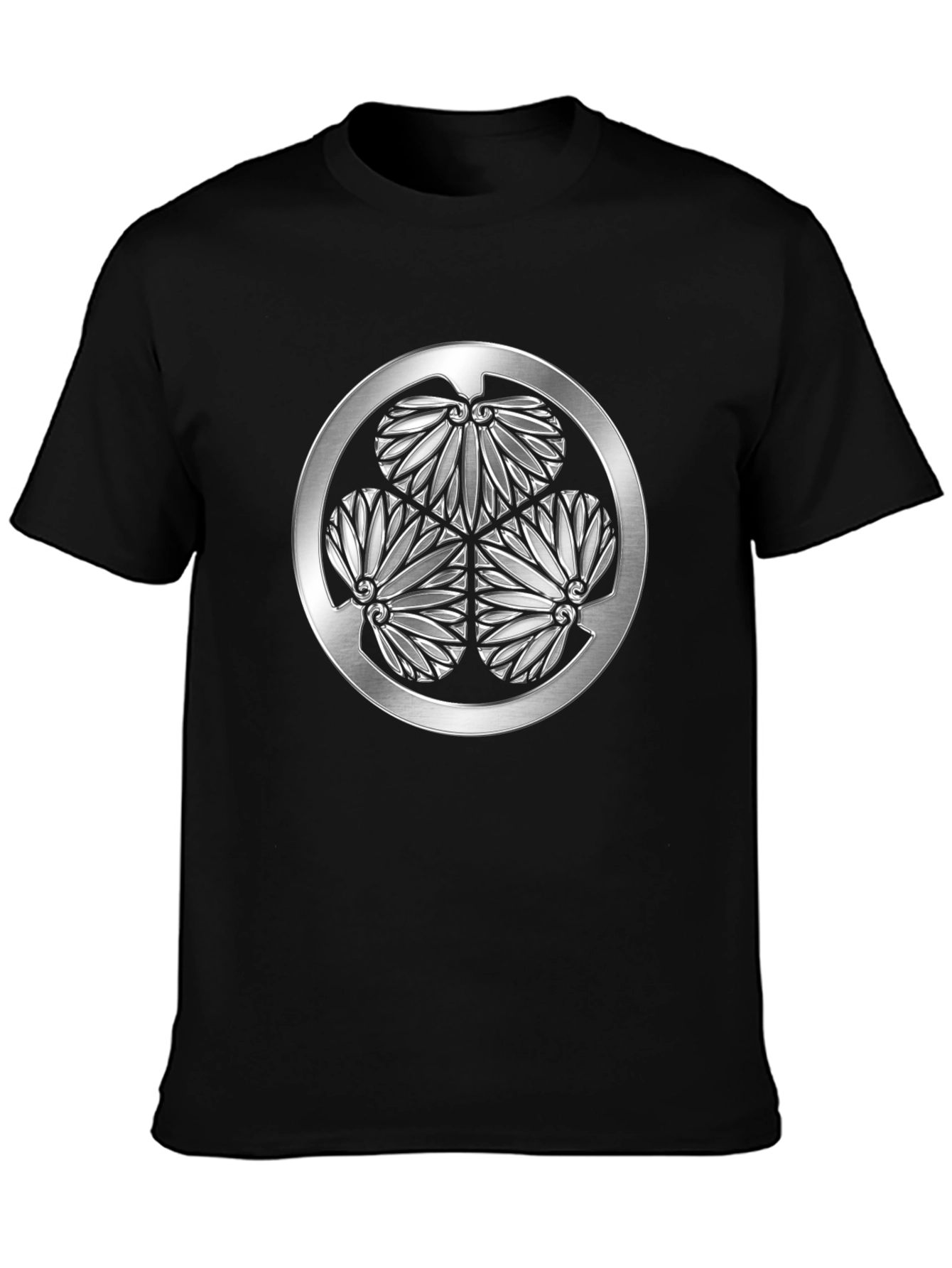 Black T-Shirt with Silver Japanese Crest Graphic