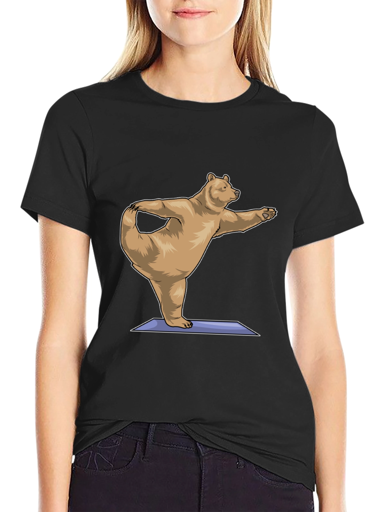 Yoga Bear Graphic Tee - Black Cotton Comfort