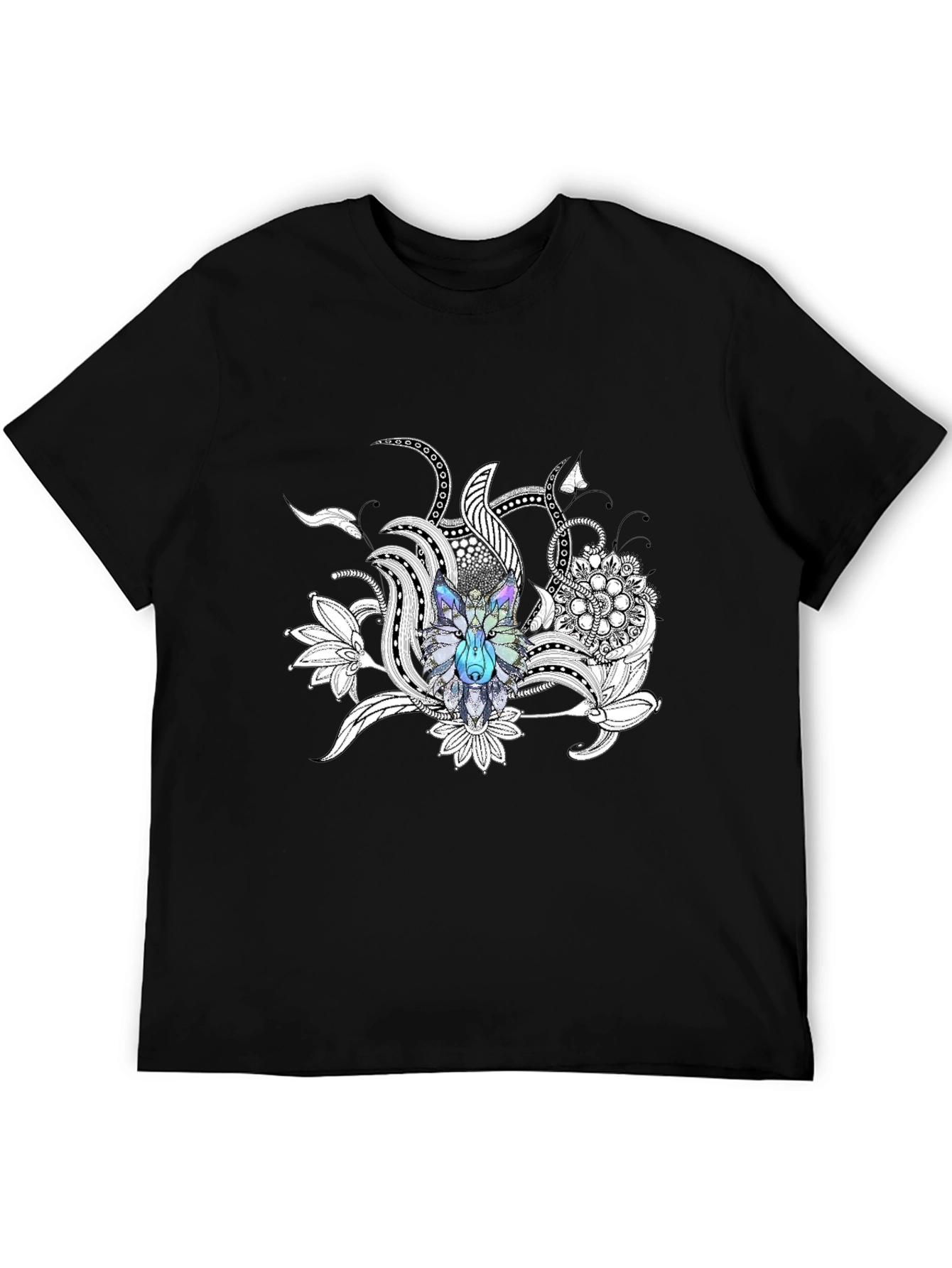 Wolf Floral Graphic Print Black T-Shirt