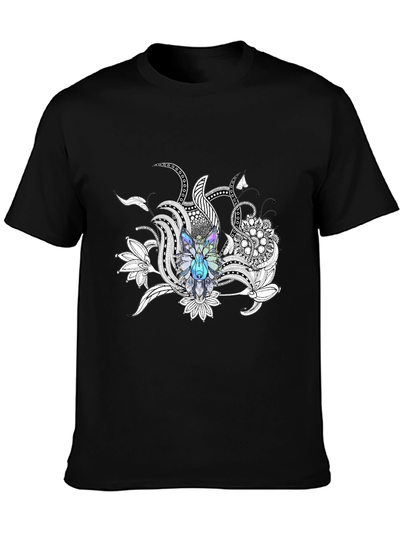 Wolf Floral Graphic Print Black T-Shirt