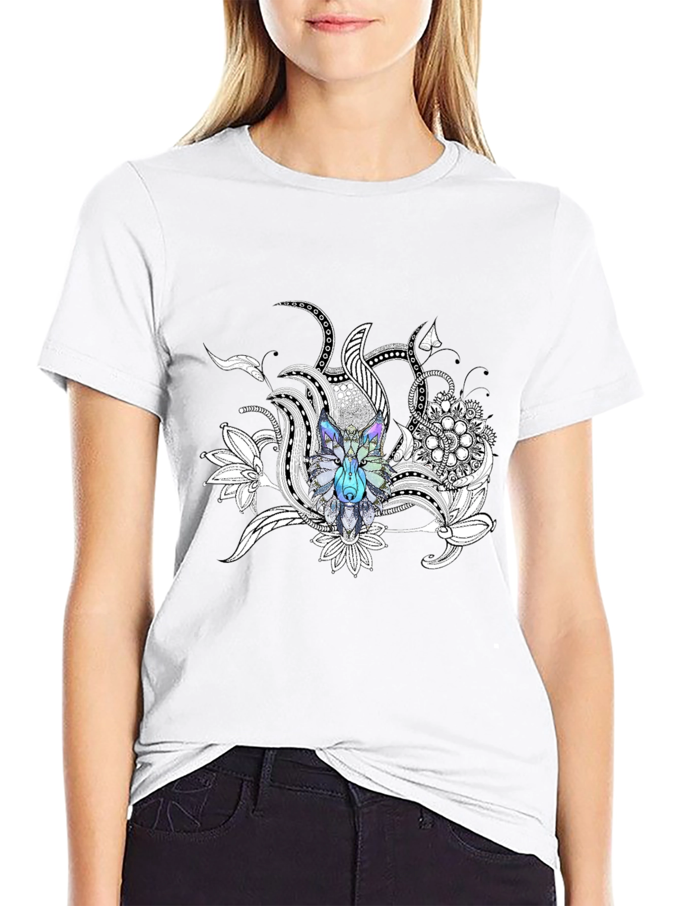 Wolf Floral Graphic Print Black T-Shirt