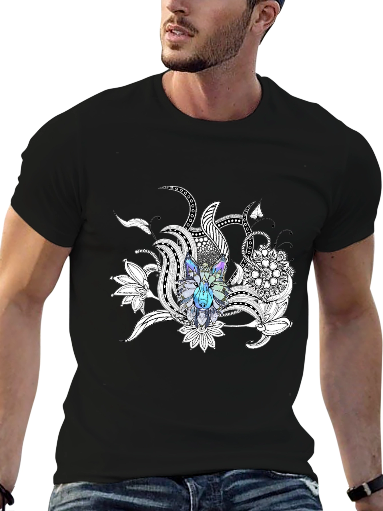 Wolf Floral Graphic Print Black T-Shirt