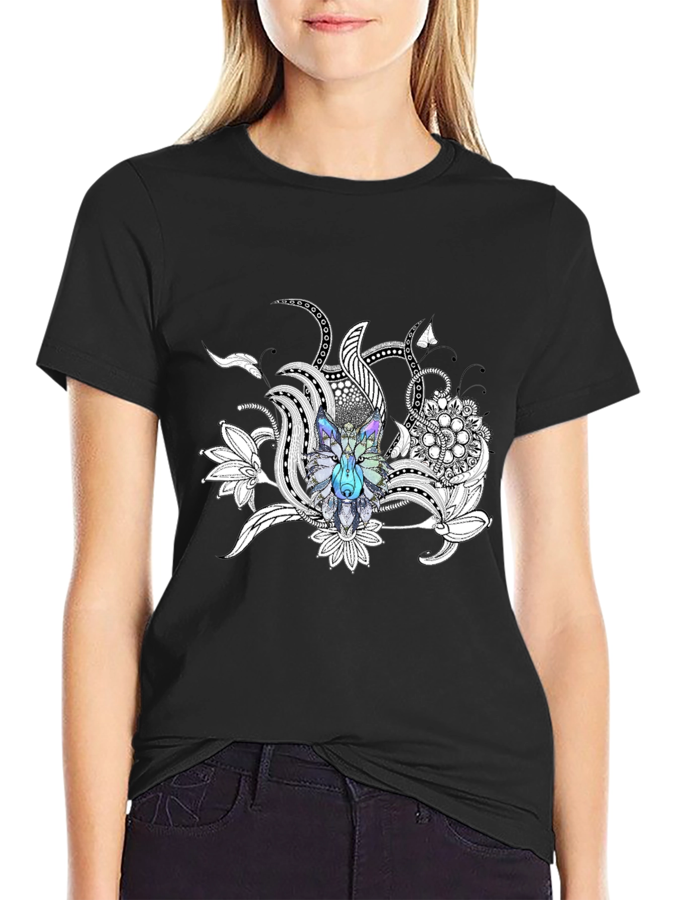 Wolf Floral Graphic Print Black T-Shirt