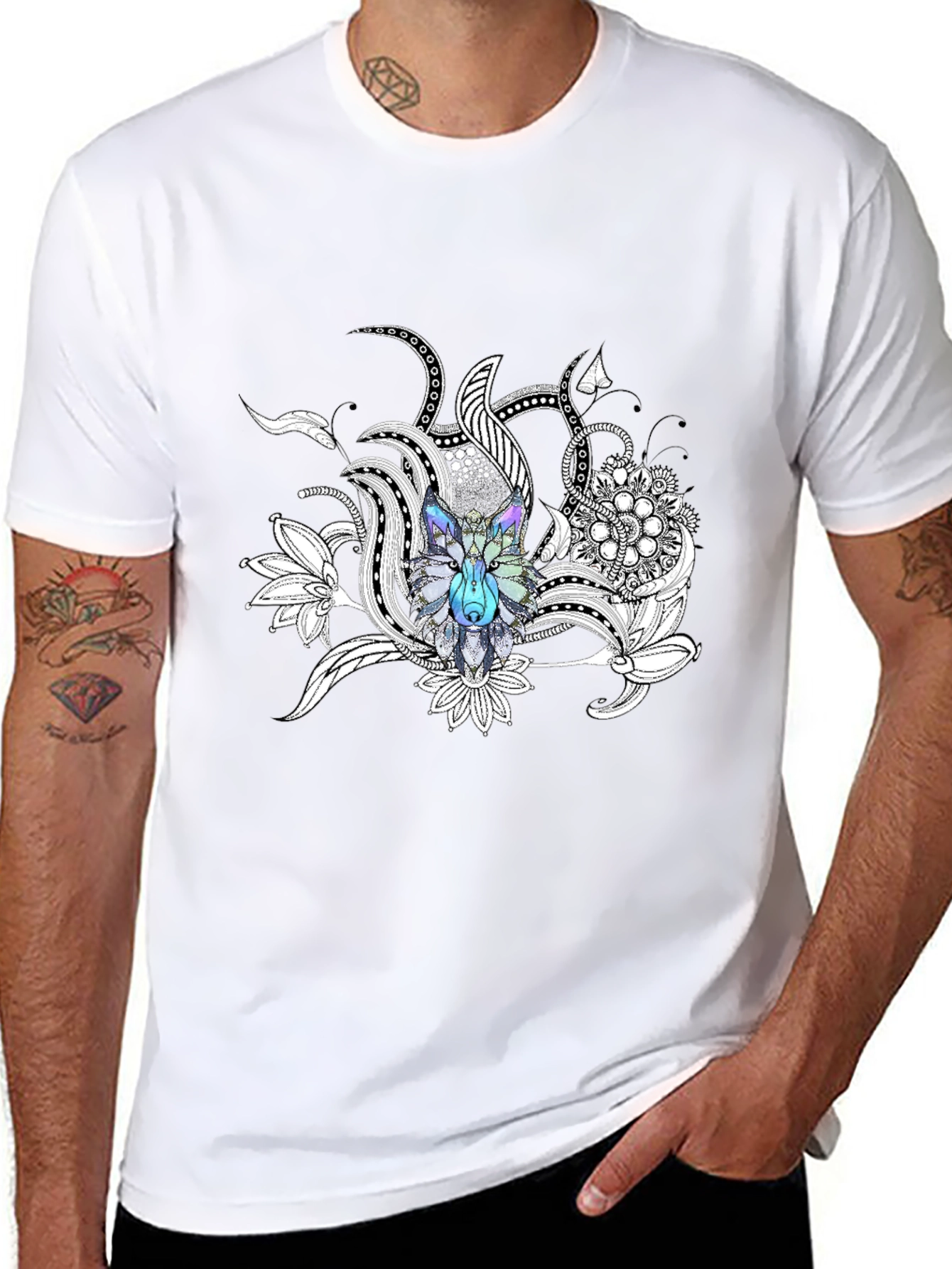 Wolf Floral Graphic Print Black T-Shirt