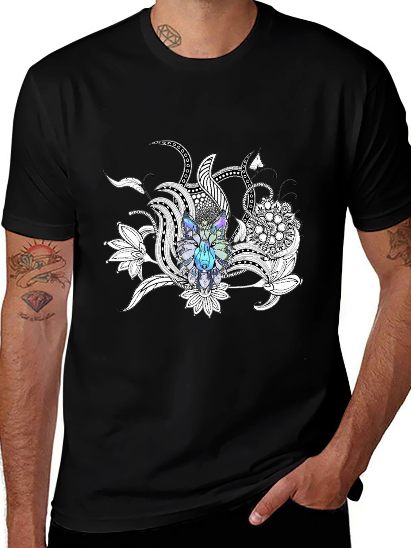 Wolf Floral Graphic Print Black T-Shirt