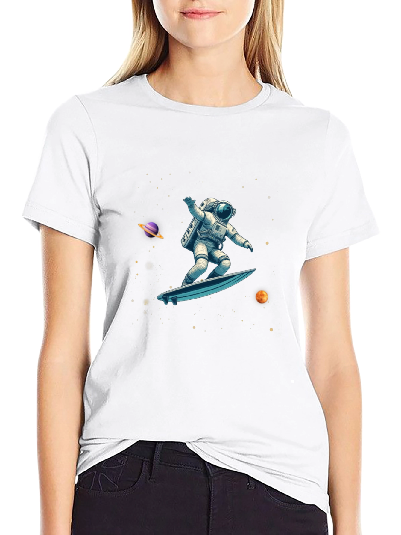 Astronaut Space Surfer Graphic Tee - Black Cotton