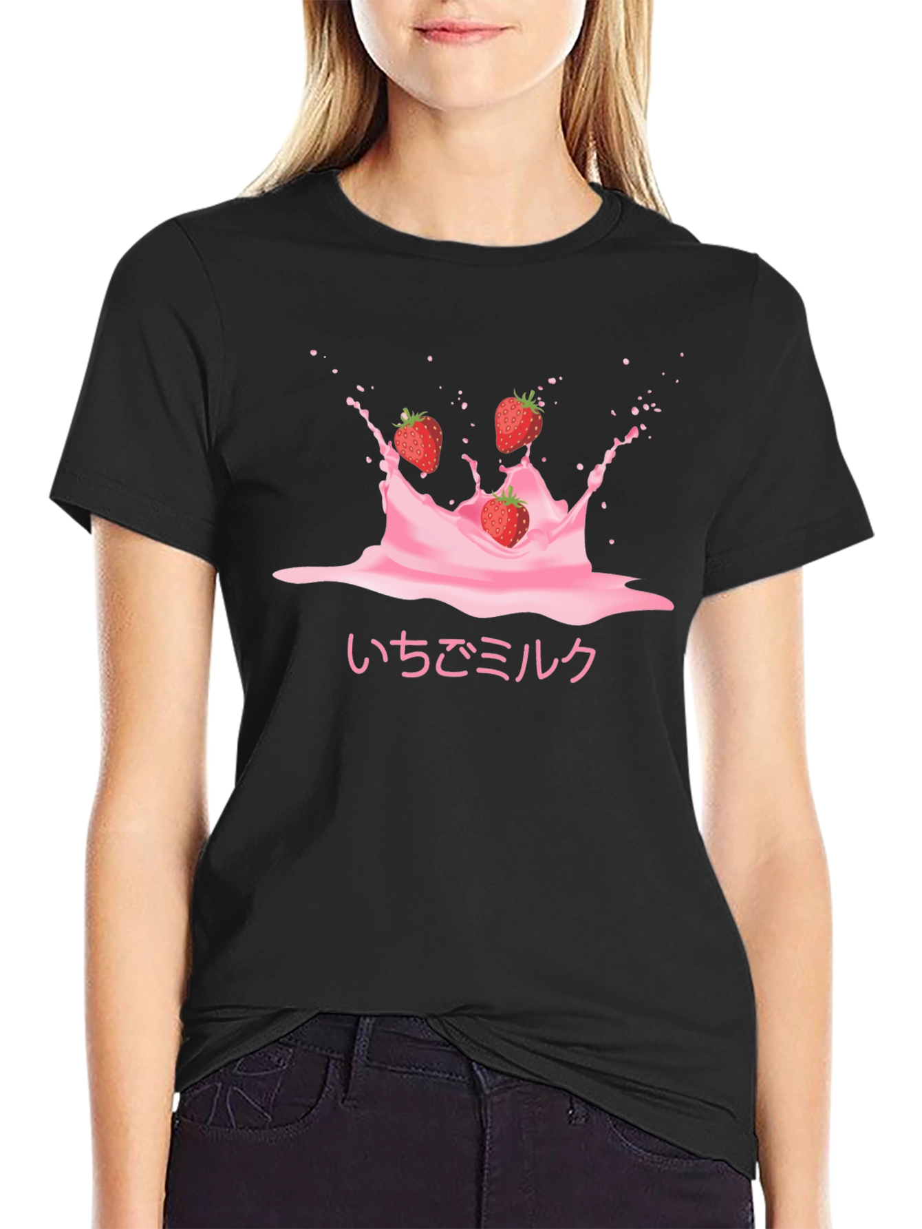 Strawberry Milk Splash Graphic Tee - Trendy Black T-Shirt