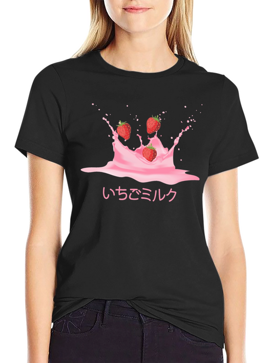 Strawberry Milk Splash Graphic Tee - Trendy Black T-Shirt
