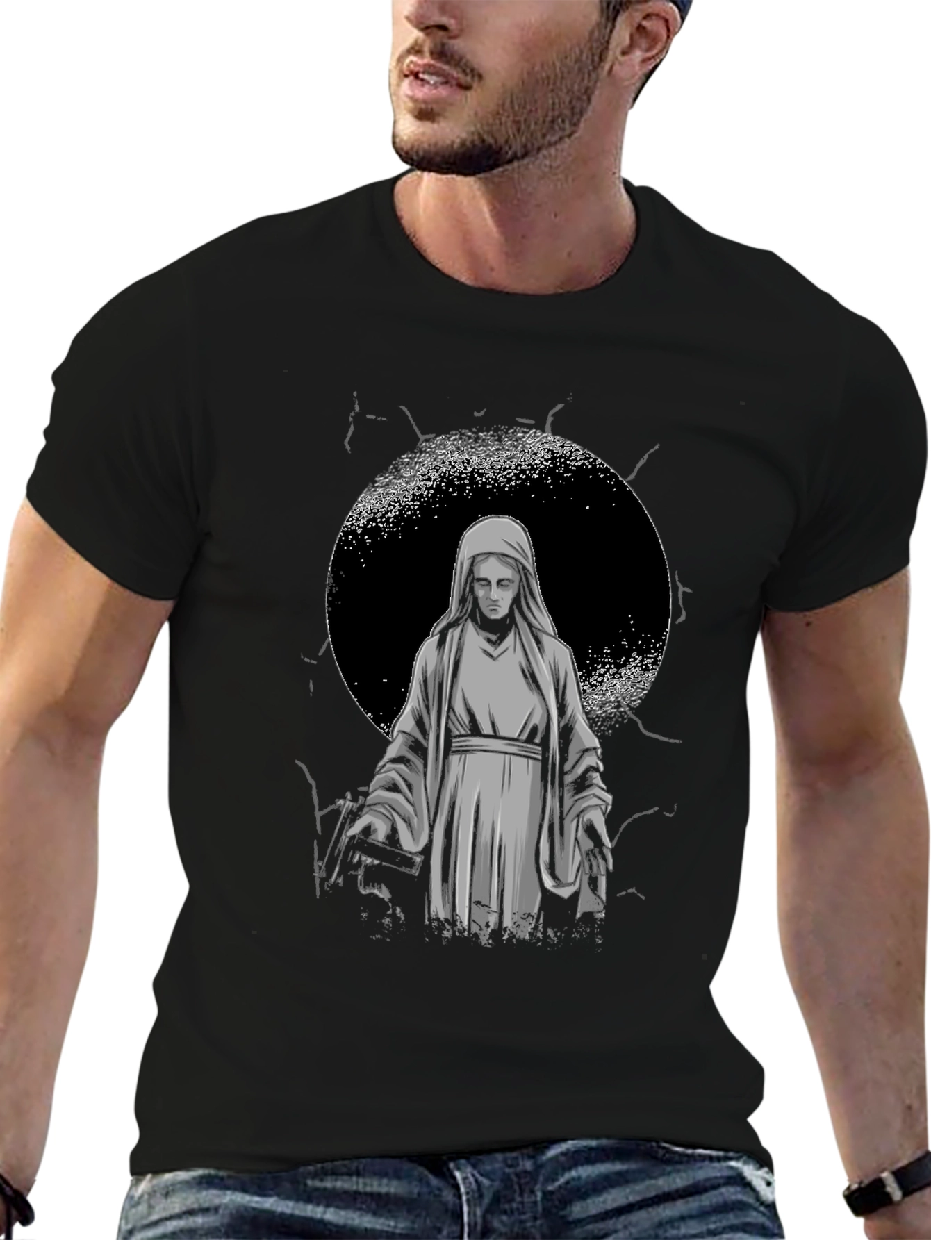 Virgin Mary Graphic Tee - Black Religious T-Shirt