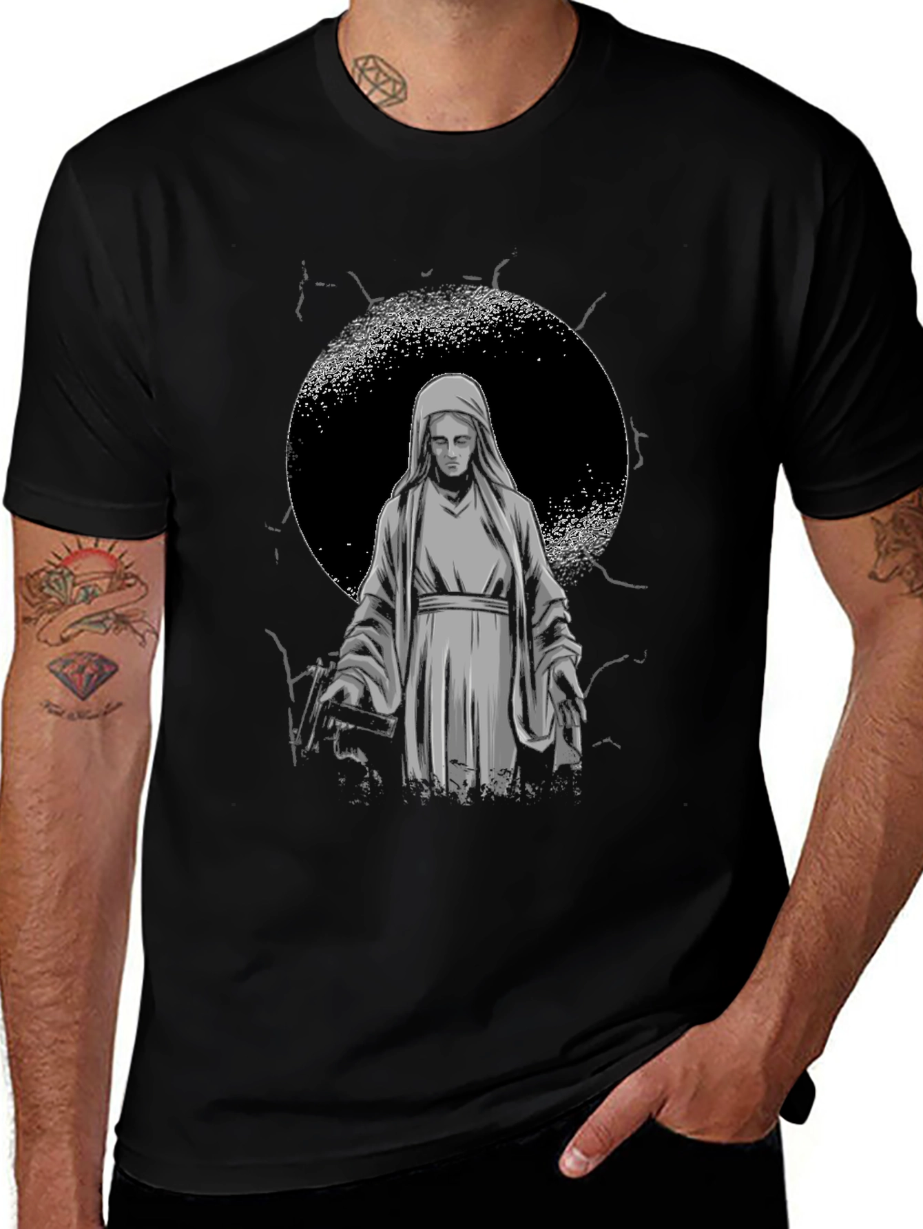 Virgin Mary Graphic Tee - Black Religious T-Shirt