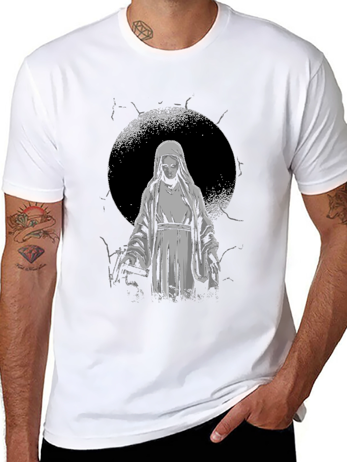 Virgin Mary Graphic Tee - Black Religious T-Shirt