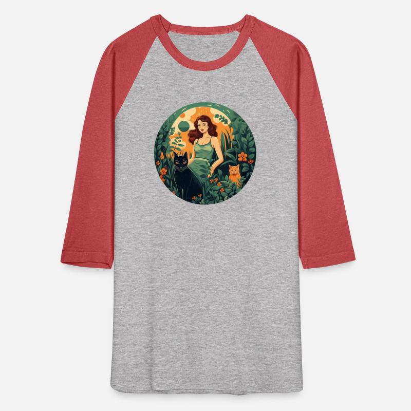 Woman in green dress with black cat and orange cat