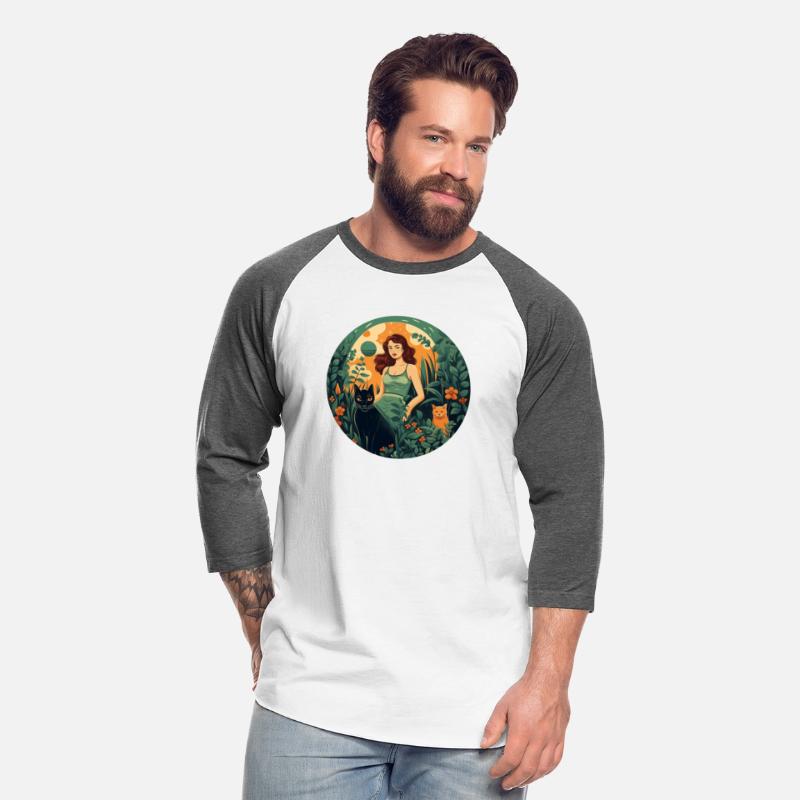 Woman in green dress with black cat and orange cat