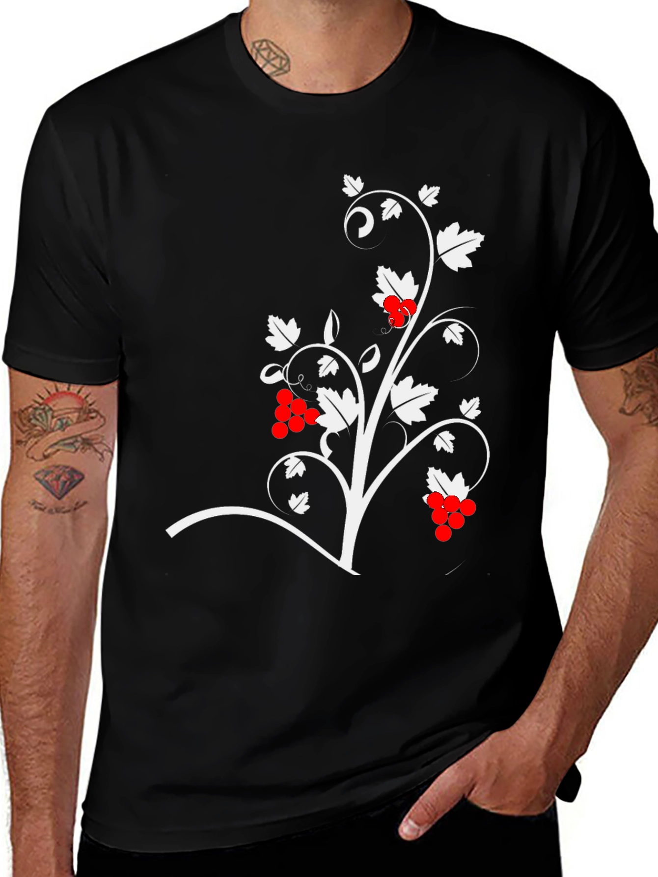 Black T-Shirt with Vine Design